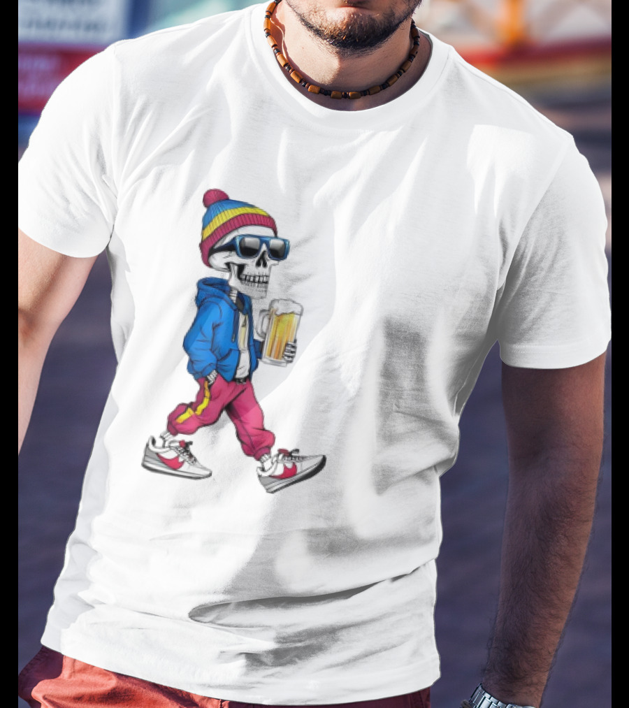 Skeleton Somewhere It's Beer Time Walking With A Mug T-Shirt
