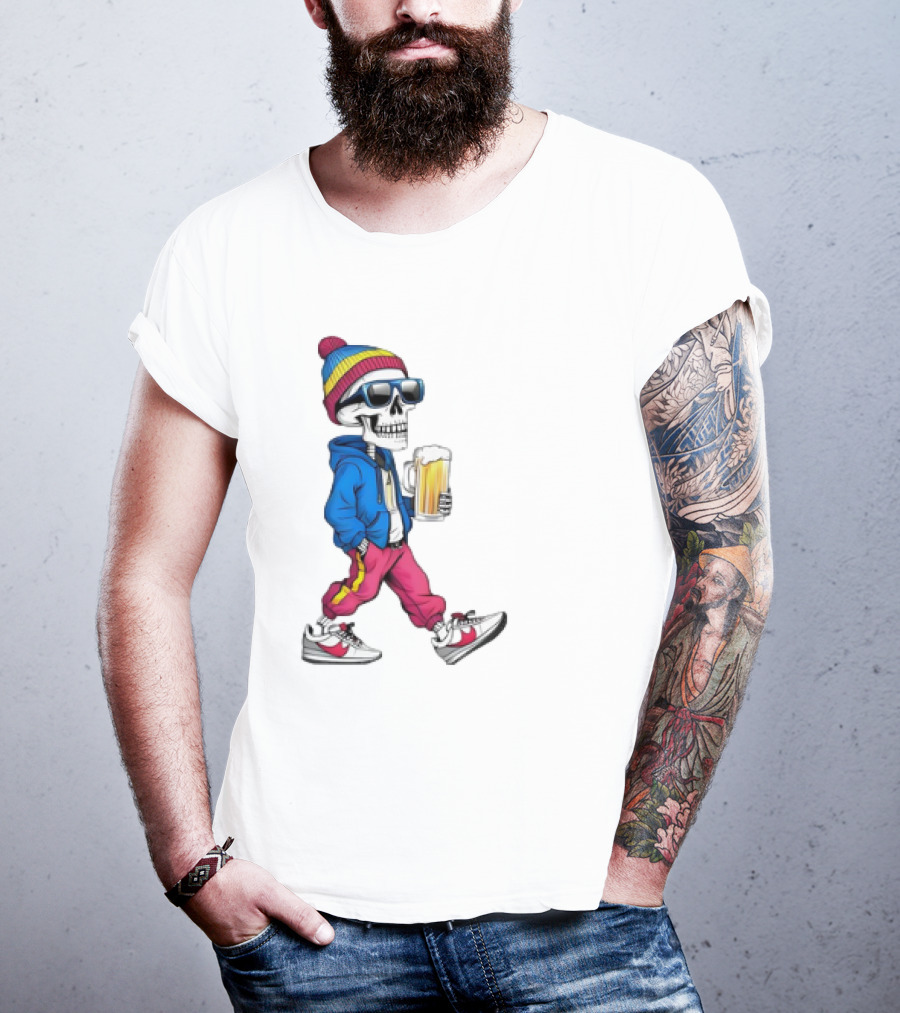 Skeleton Somewhere It's Beer Time Walking With A Mug T-Shirt