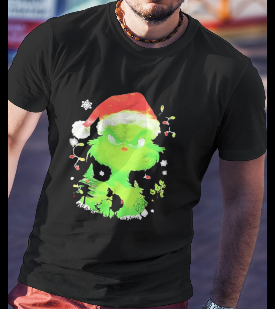 Grinch In Santa Hat Surrounded By Snowflakes And Christmas Lights T-Shirt