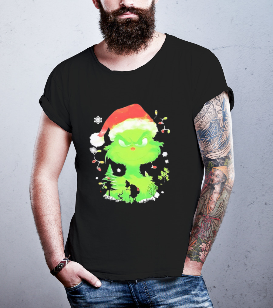 Grinch In Santa Hat Surrounded By Snowflakes And Christmas Lights T-Shirt