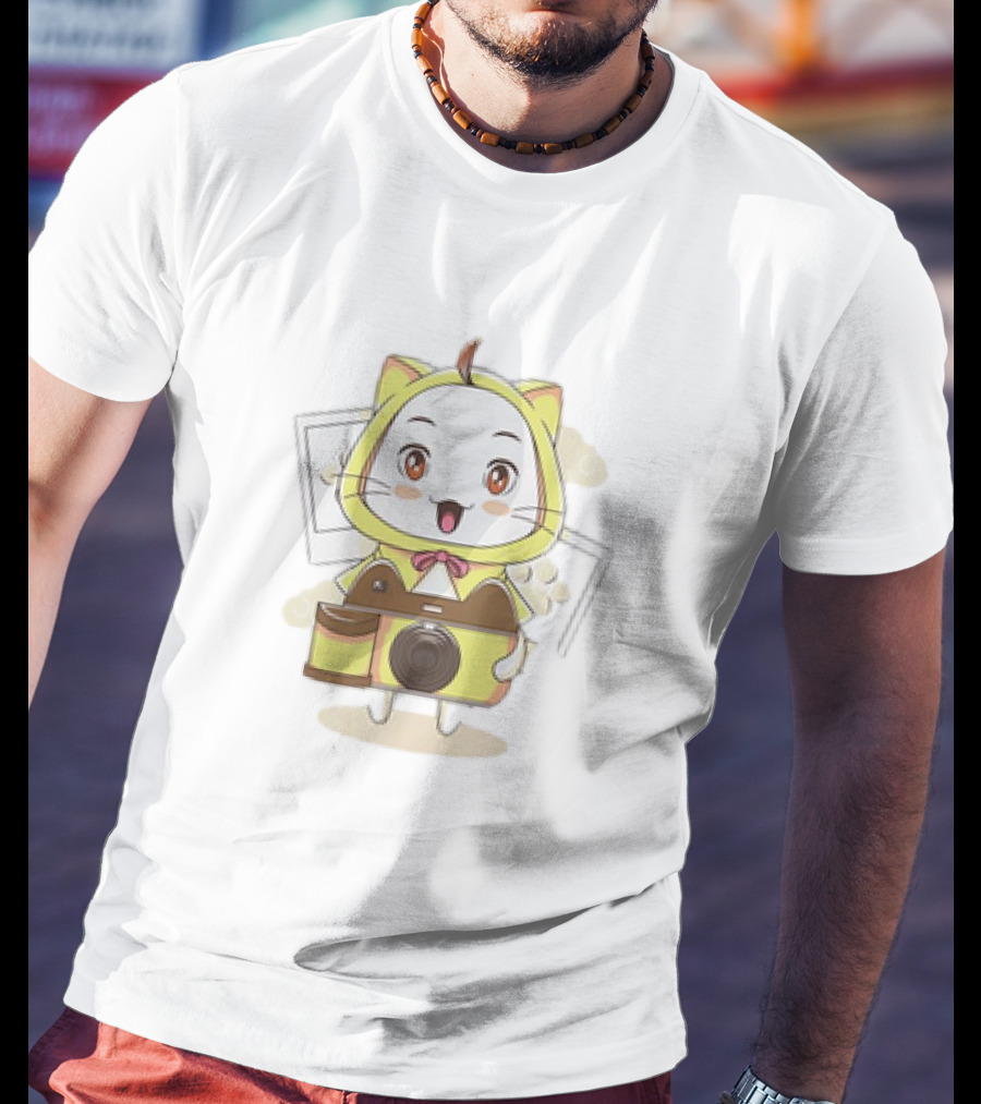 White Cat With Classic Camera Drawing T-Shirt
