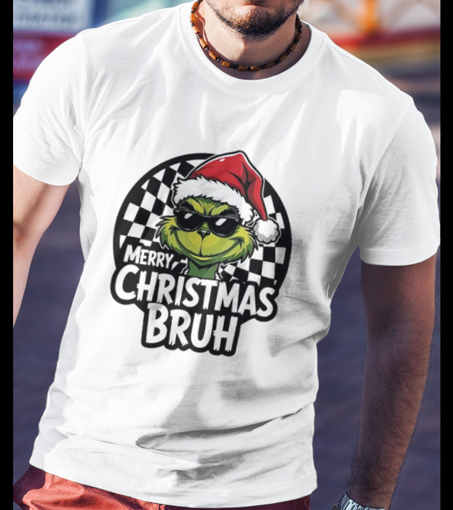 Merry Christmas Bruh Grinch With Santa Hat And Checkered Flags T-Shirt