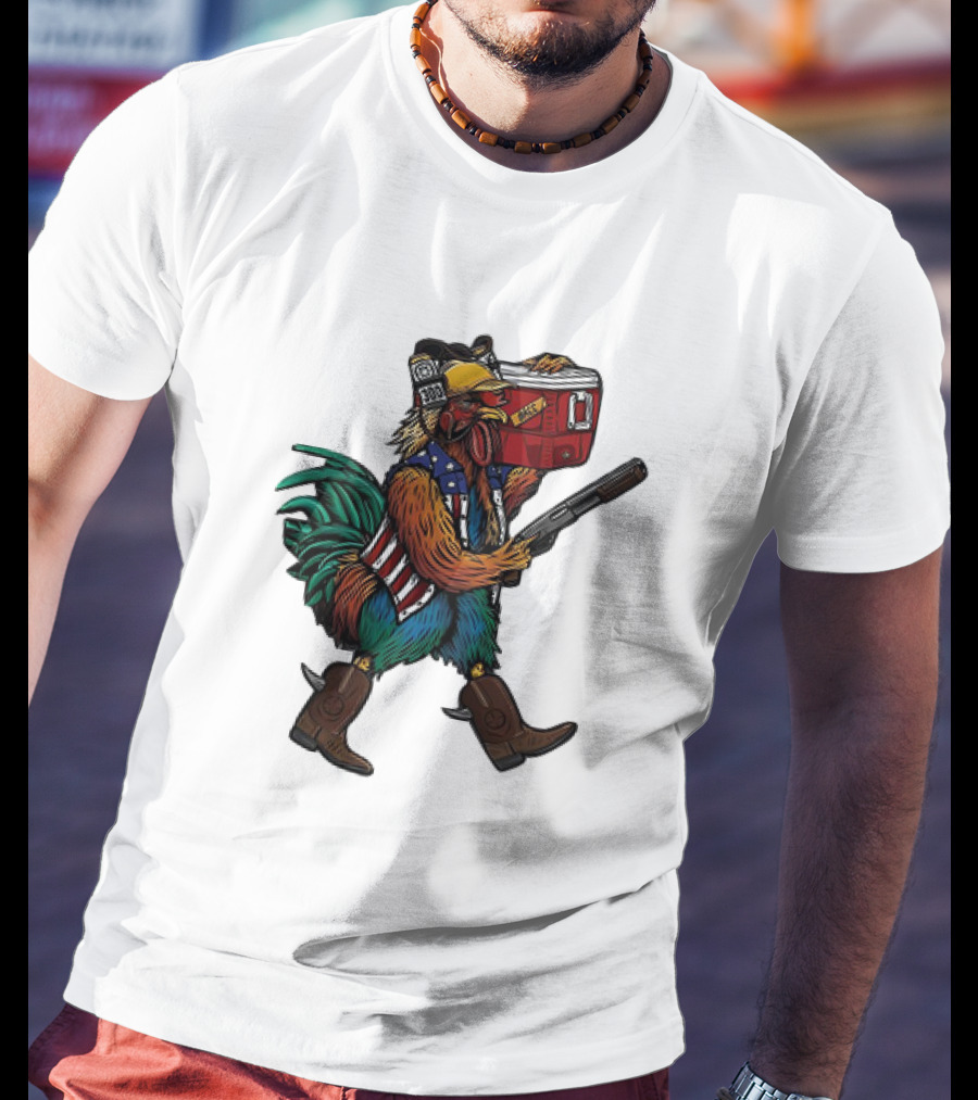 Merica Tacticock Chicken Patriotic Rooster With Beer Cooler And Shotgun T-Shirt