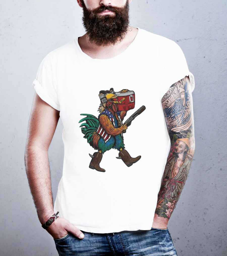 Merica Tacticock Chicken Patriotic Rooster With Beer Cooler And Shotgun T-Shirt