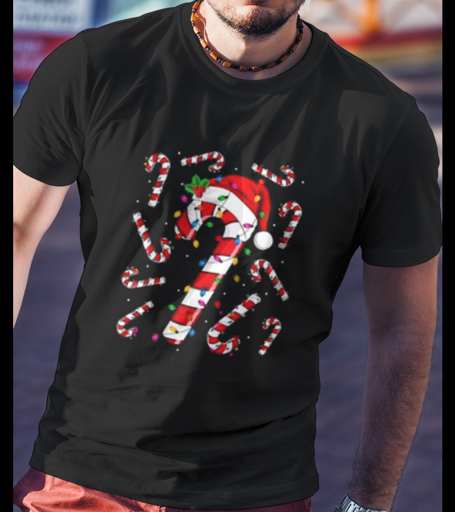 Santa Hat Red And White Candy Cane With Colorful Christmas Lights T-Shirt