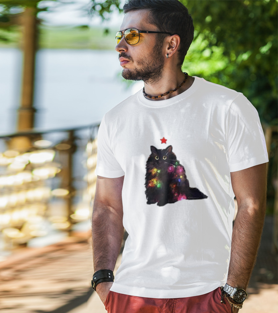 Black Cat Wrapped In Colorful Christmas Lights With Red Star T-Shirt