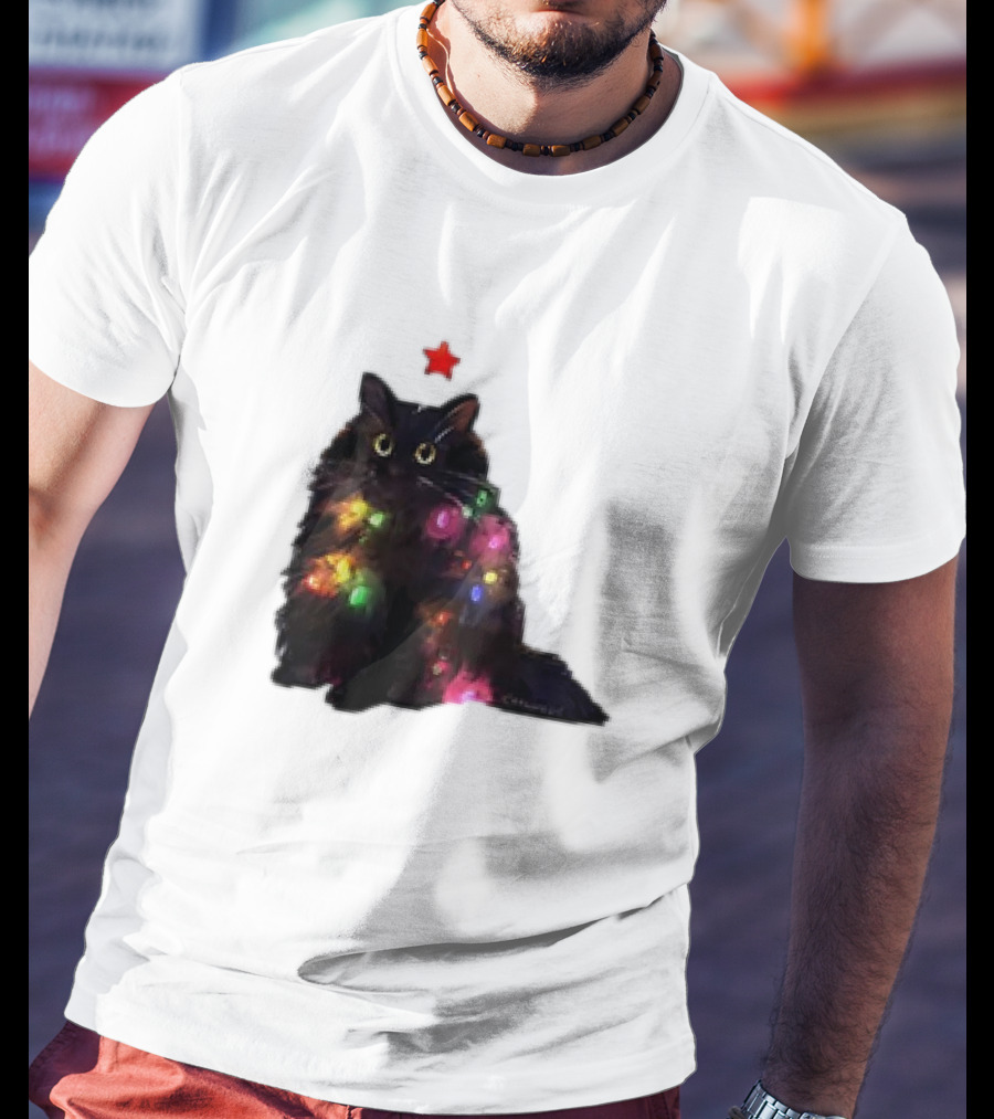 Black Cat Wrapped In Colorful Christmas Lights With Red Star T-Shirt
