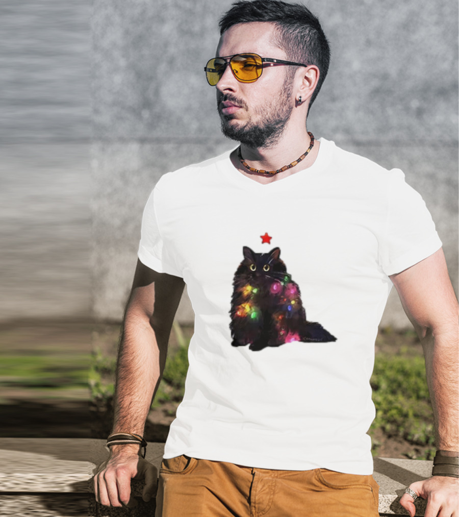 Black Cat Wrapped In Colorful Christmas Lights With Red Star T-Shirt