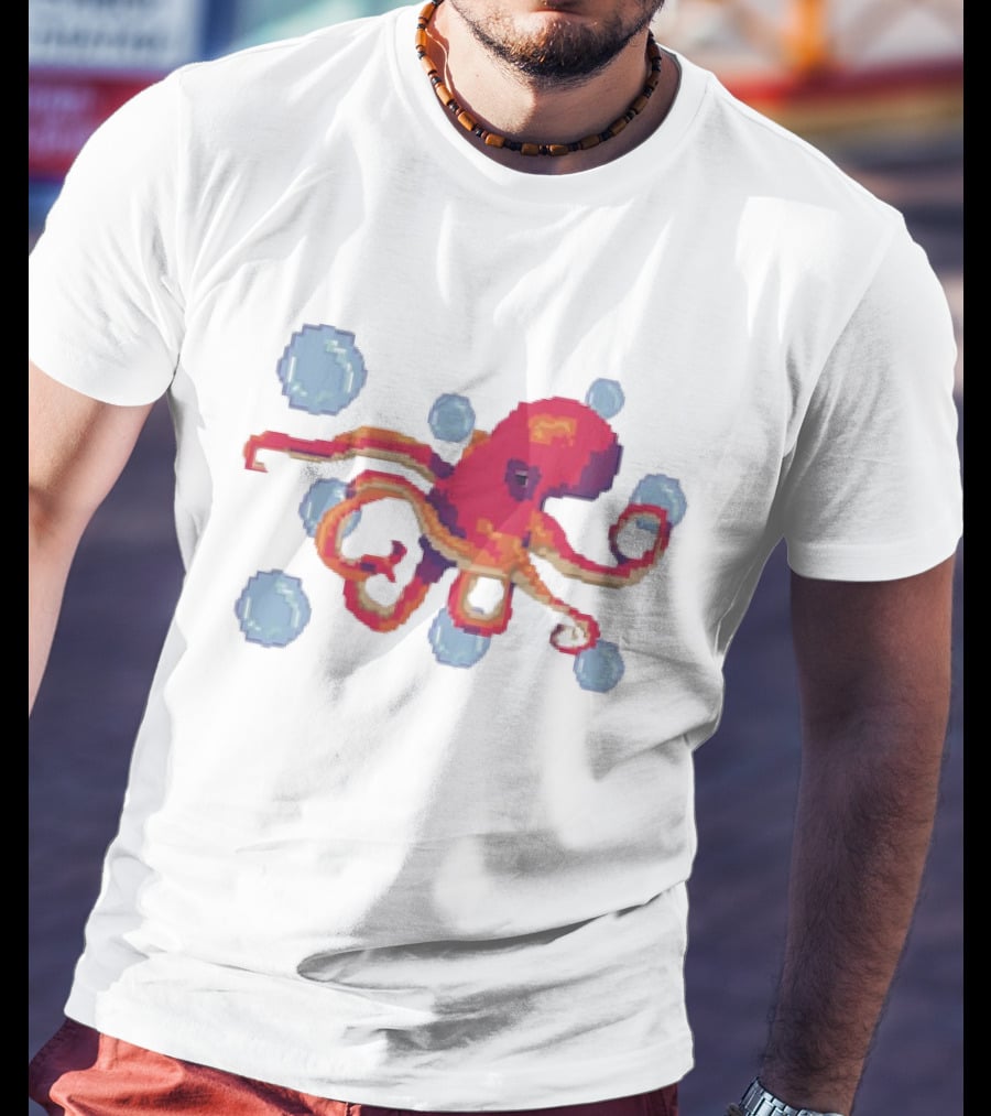Octopus Swimming Through Blue Bubbles Pixel T-Shirt