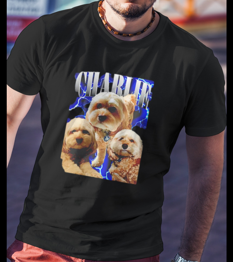 Charlie Three Dogs Blue Lightning Background T-Shirt
