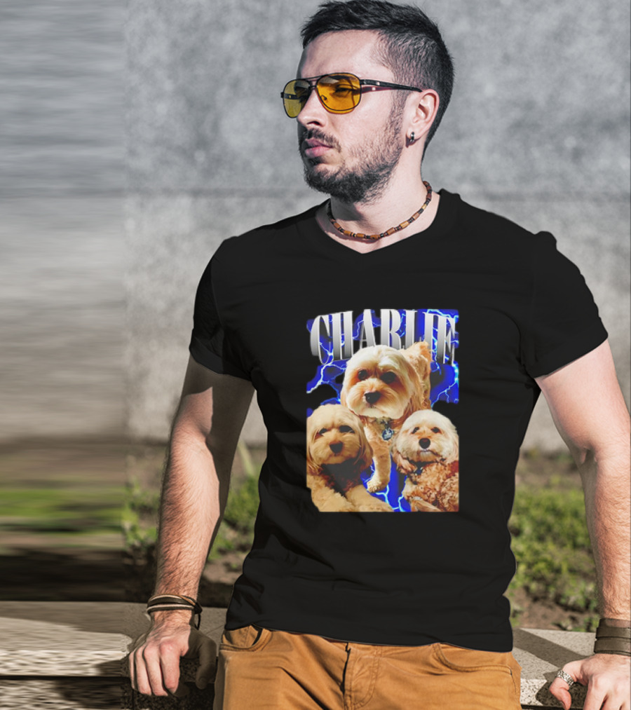 Charlie Three Dogs Blue Lightning Background T-Shirt