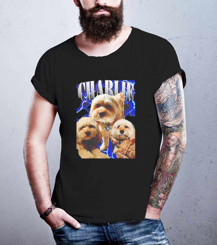 Charlie Three Dogs Blue Lightning Background T-Shirt