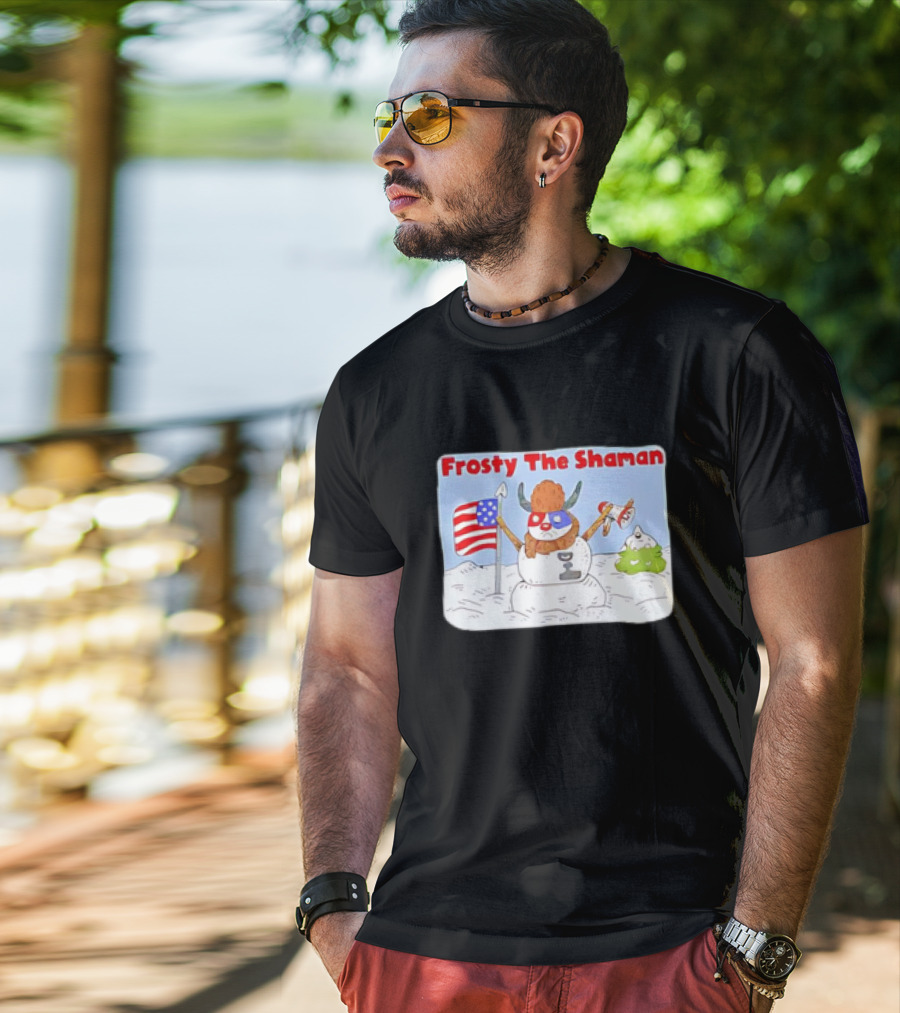 Frosty The Shaman USA Flag Viking Helmet Snowman T-Shirt