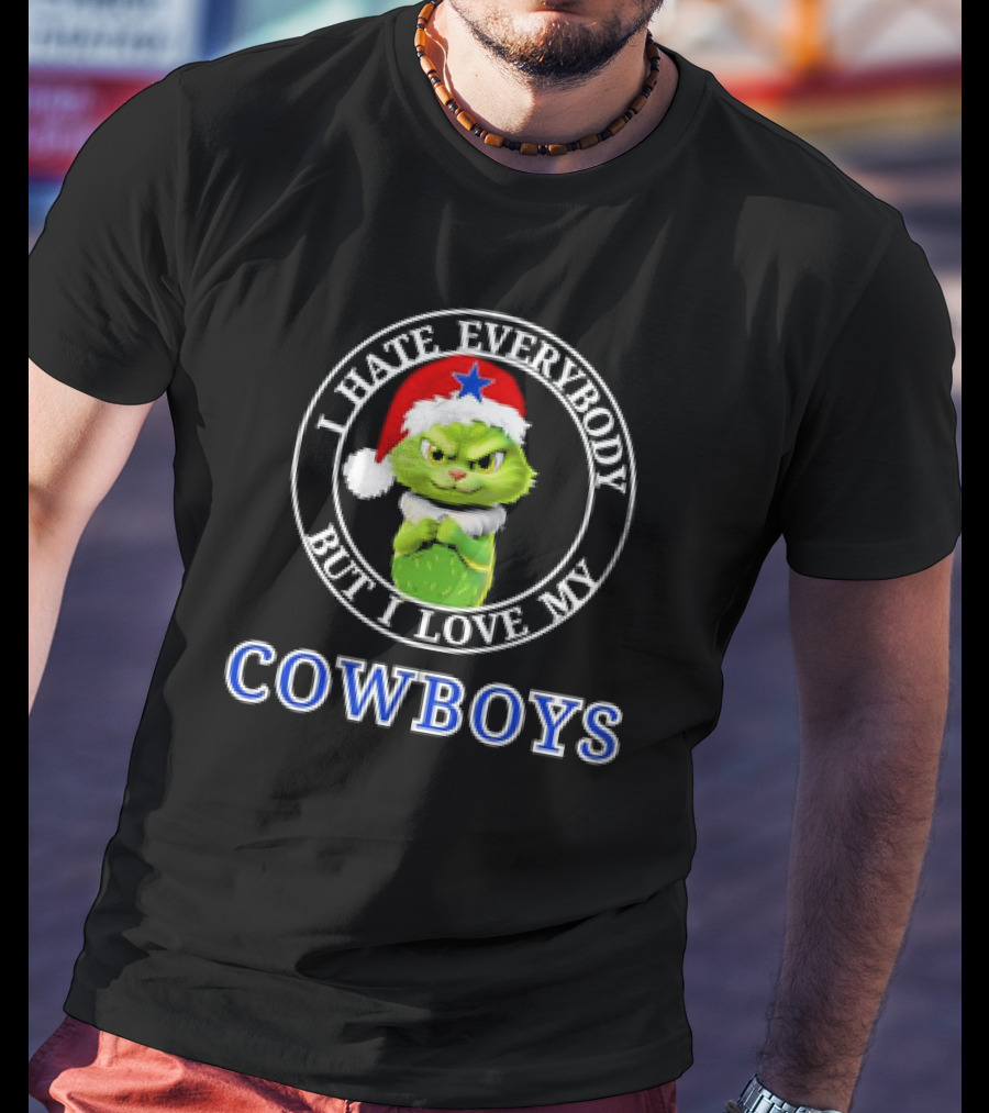 I Hate Everybody But I Love My Cowboys Grinchy Cat Christmas Santa Hat T-Shirt