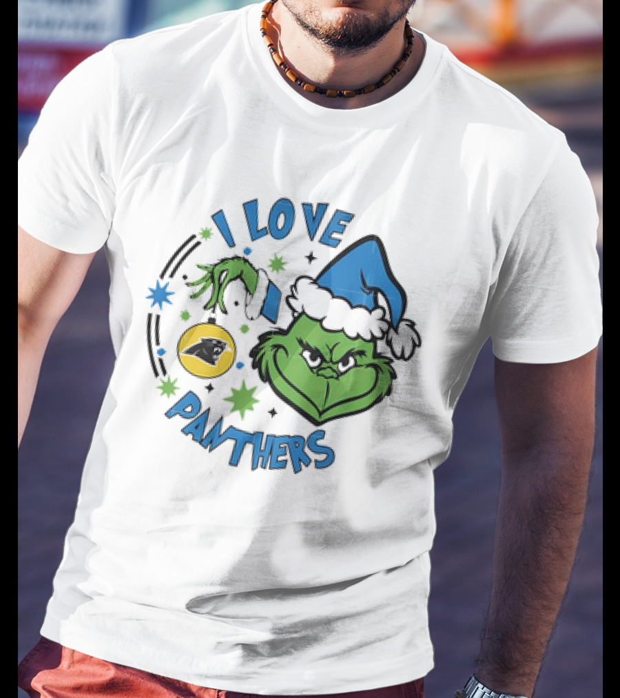 Carolina Panthers X Santa Grinch I Love Panthers Christmas Ornament Green Grinch Blue Santa Hat T-Shirt
