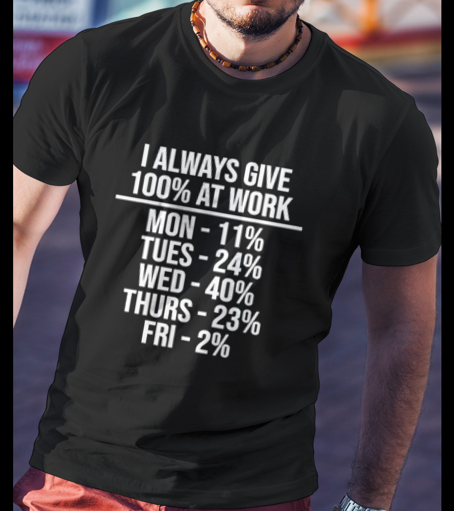 I Always Give 100 Percent At Work Monday 11 Percent Tuesday 24 Percent Wednesday 40 Percent Thursday 23 Percent Friday 2 Percent T-Shirt