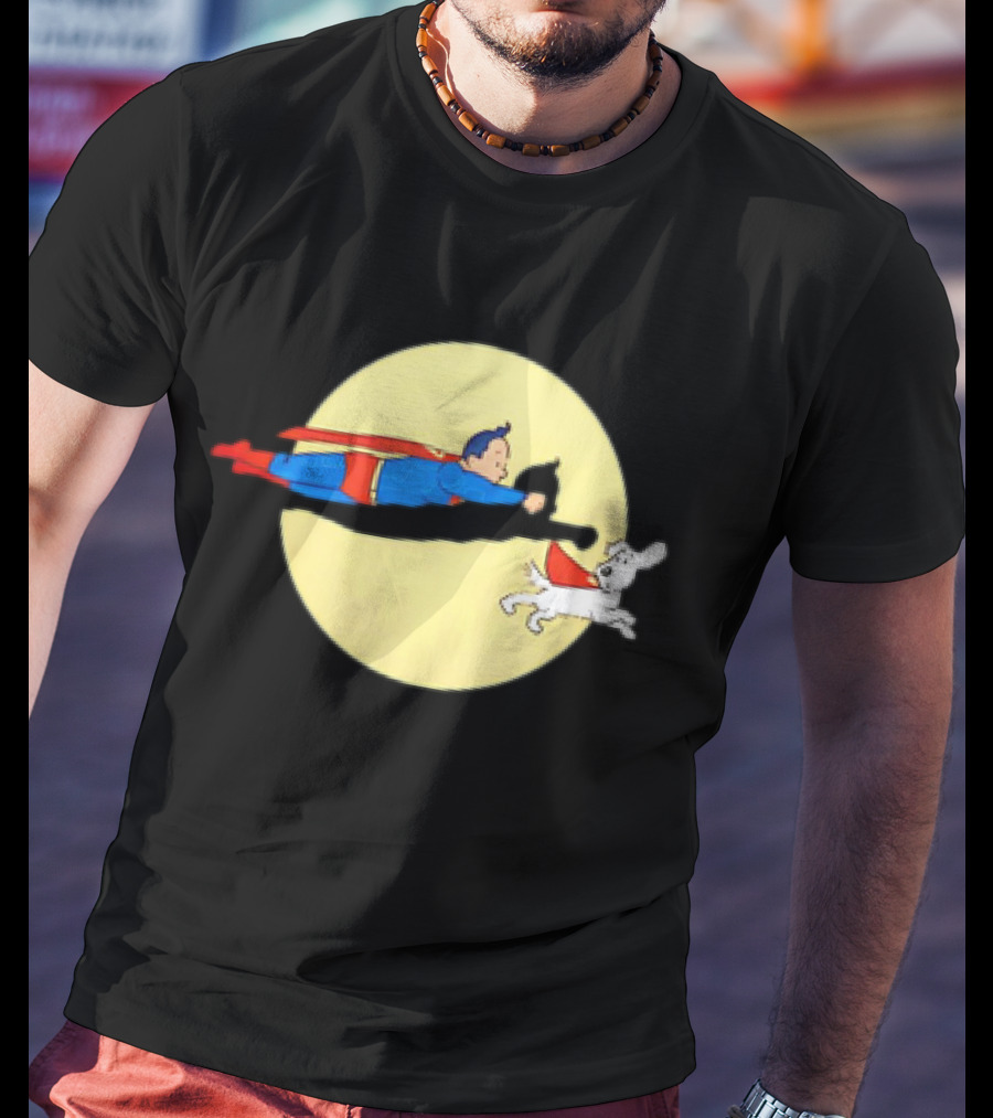 Superman And Krypto X The Adventures Of Tintin Super Tintin Flying Duo Moon Background T-Shirt