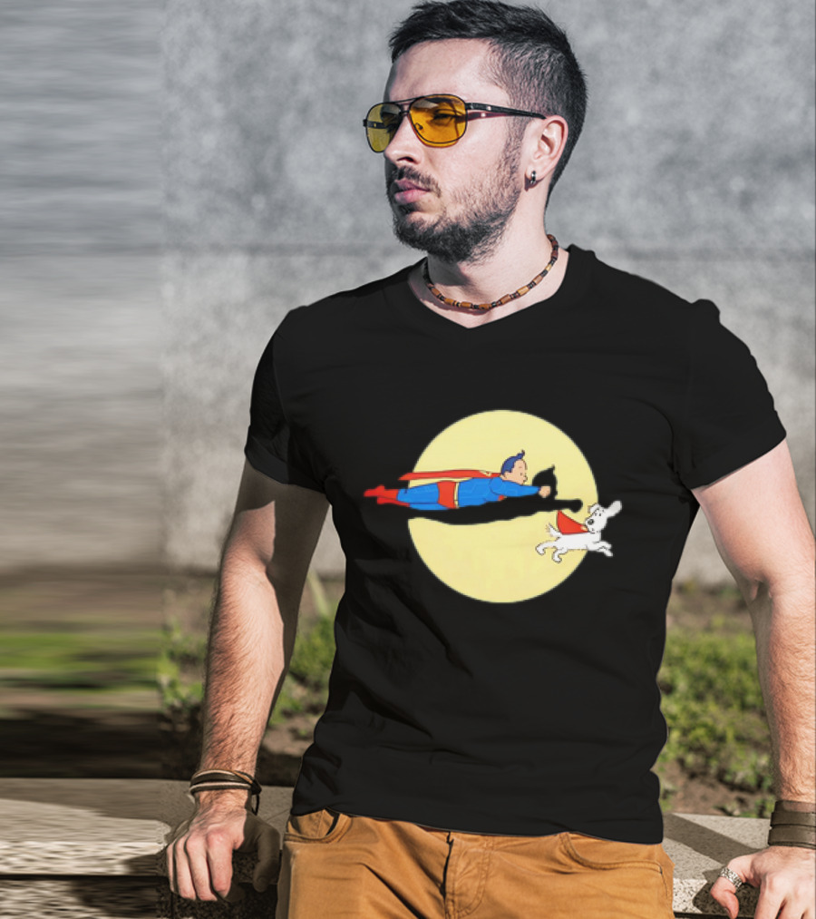 Superman And Krypto X The Adventures Of Tintin Super Tintin Flying Duo Moon Background T-Shirt