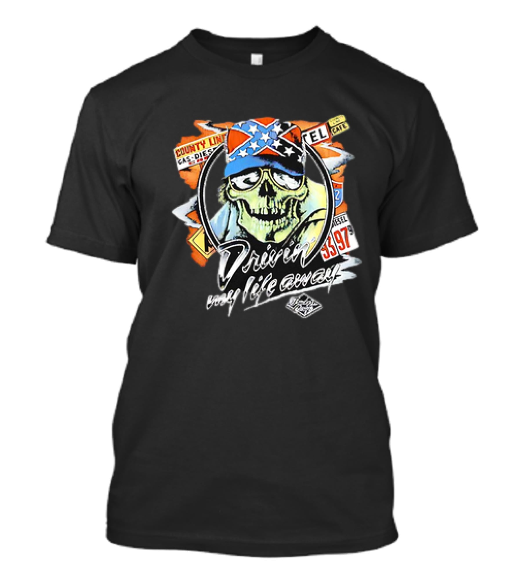 Driven My Life Away Thelma And Louise Skull With Route 66 County Line Symbols T-Shirt