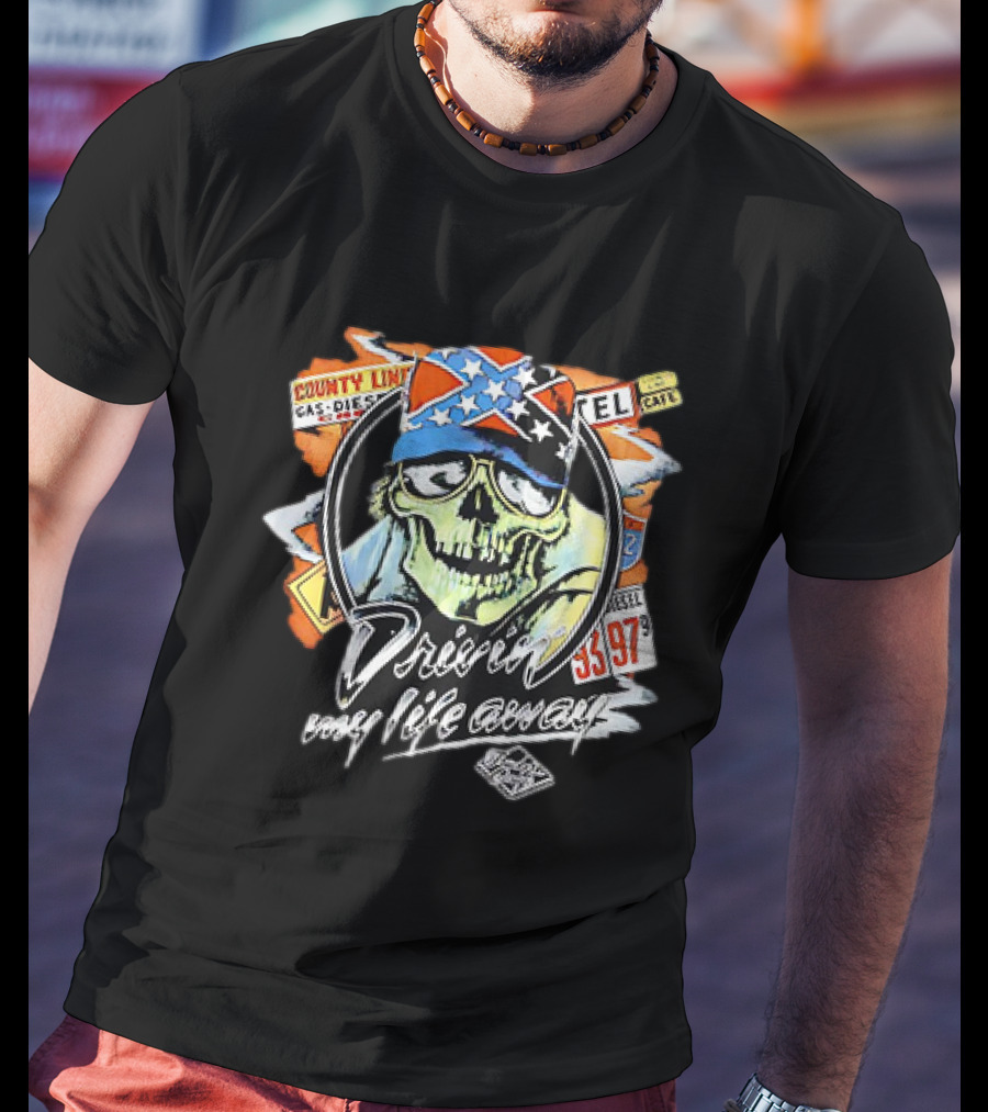 Driven My Life Away Thelma And Louise Skull With Route 66 County Line Symbols T-Shirt