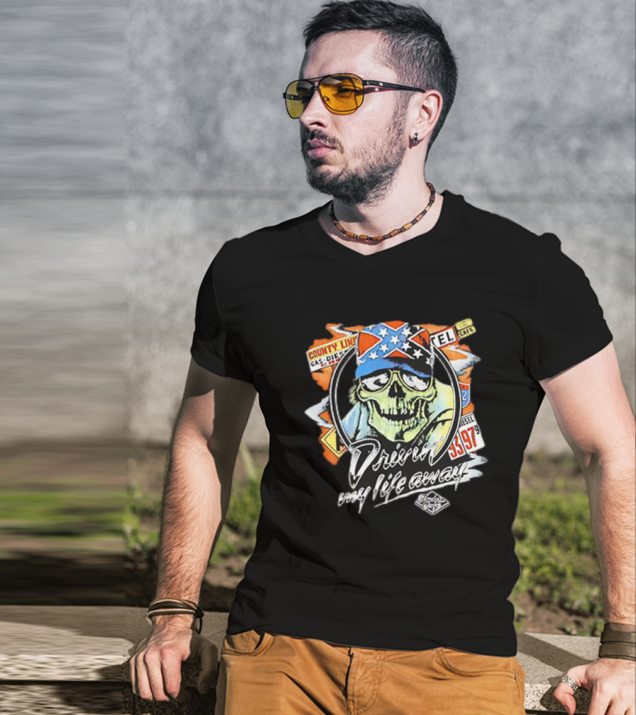 Driven My Life Away Thelma And Louise Skull With Route 66 County Line Symbols T-Shirt