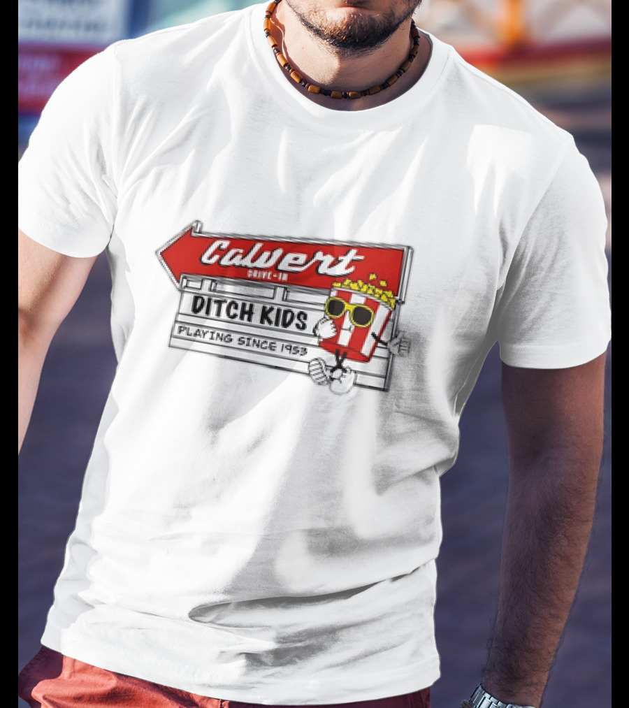 Calvert Drive-In Ditch Kids Playing Since 1953 Popcorn Character T-Shirt
