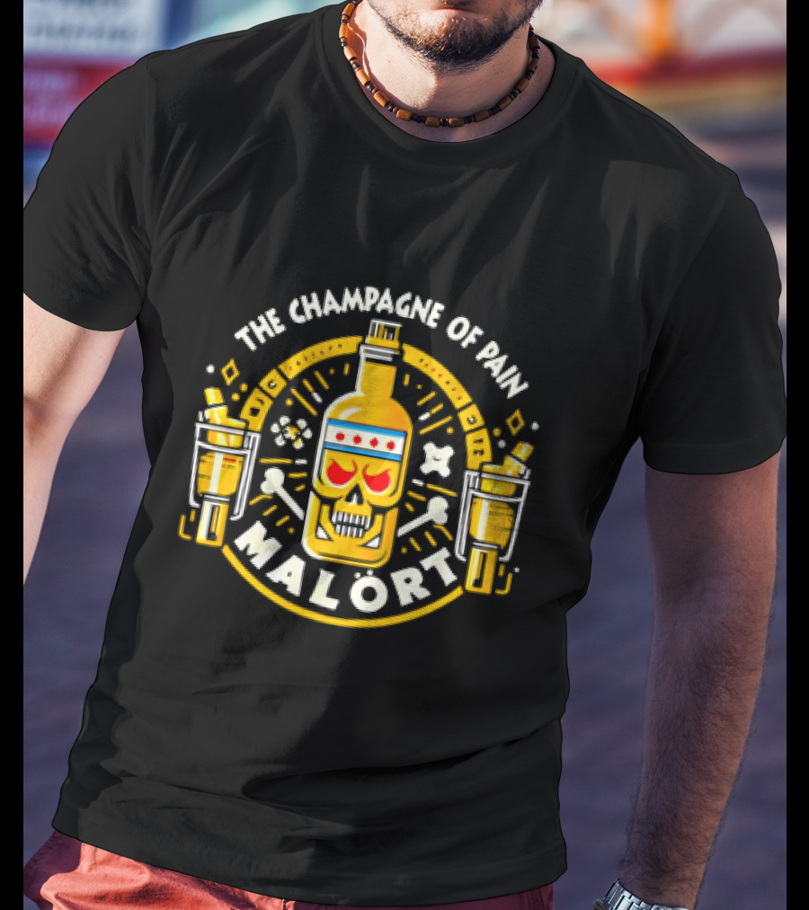 The Champagne Of Pain Malort Skull Chicago Flag Crossbones T-Shirt