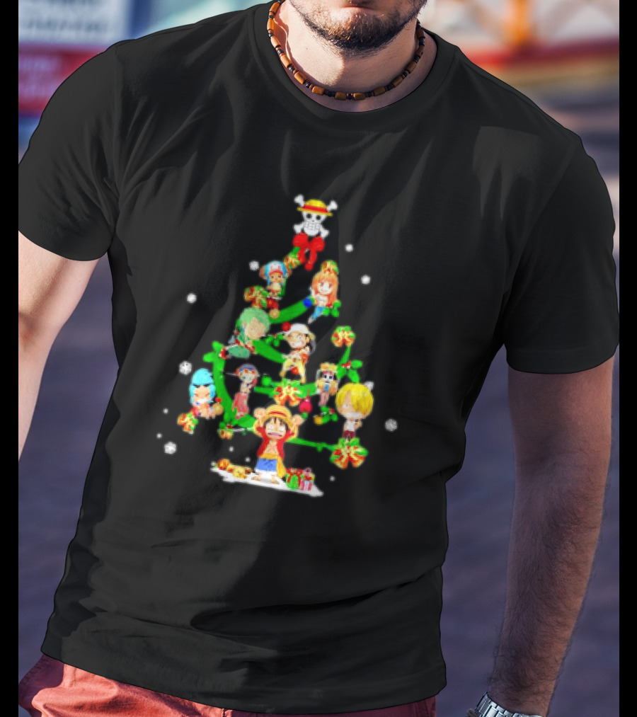 One Piece Chibi Characters Decorate Christmas Tree With Straw Hat Skull Topper T-Shirt