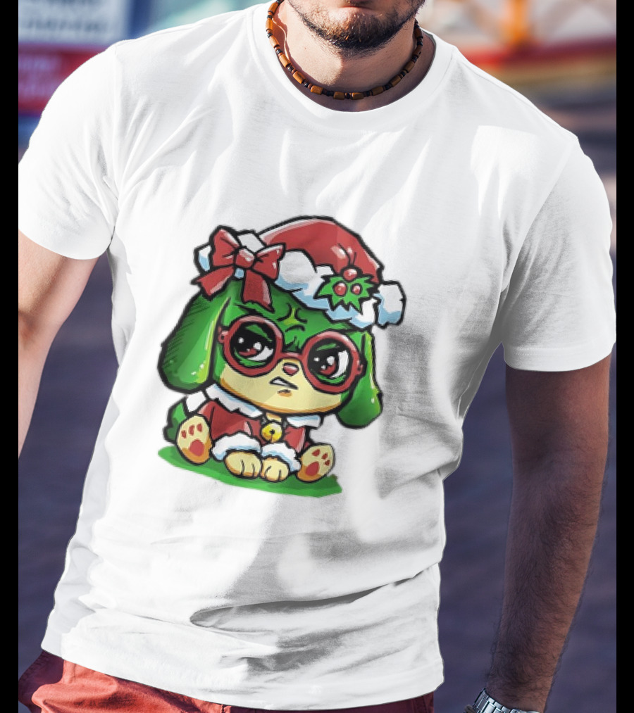 Grumpy Dog In Santa Hat With Holly And Bow For Christmas Holiday T-Shirt