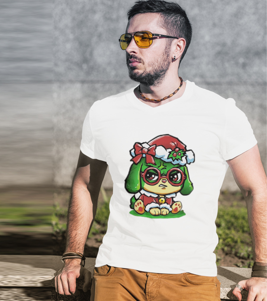 Grumpy Dog In Santa Hat With Holly And Bow For Christmas Holiday T-Shirt
