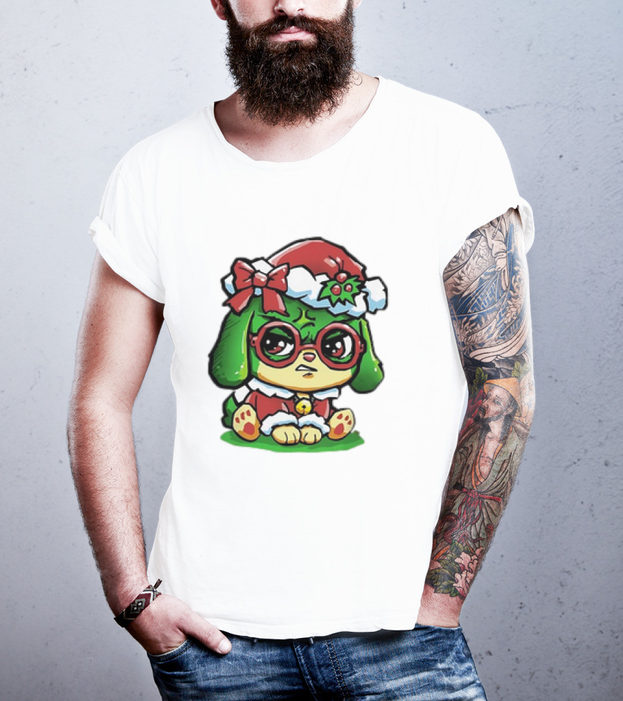 Grumpy Dog In Santa Hat With Holly And Bow For Christmas Holiday T-Shirt