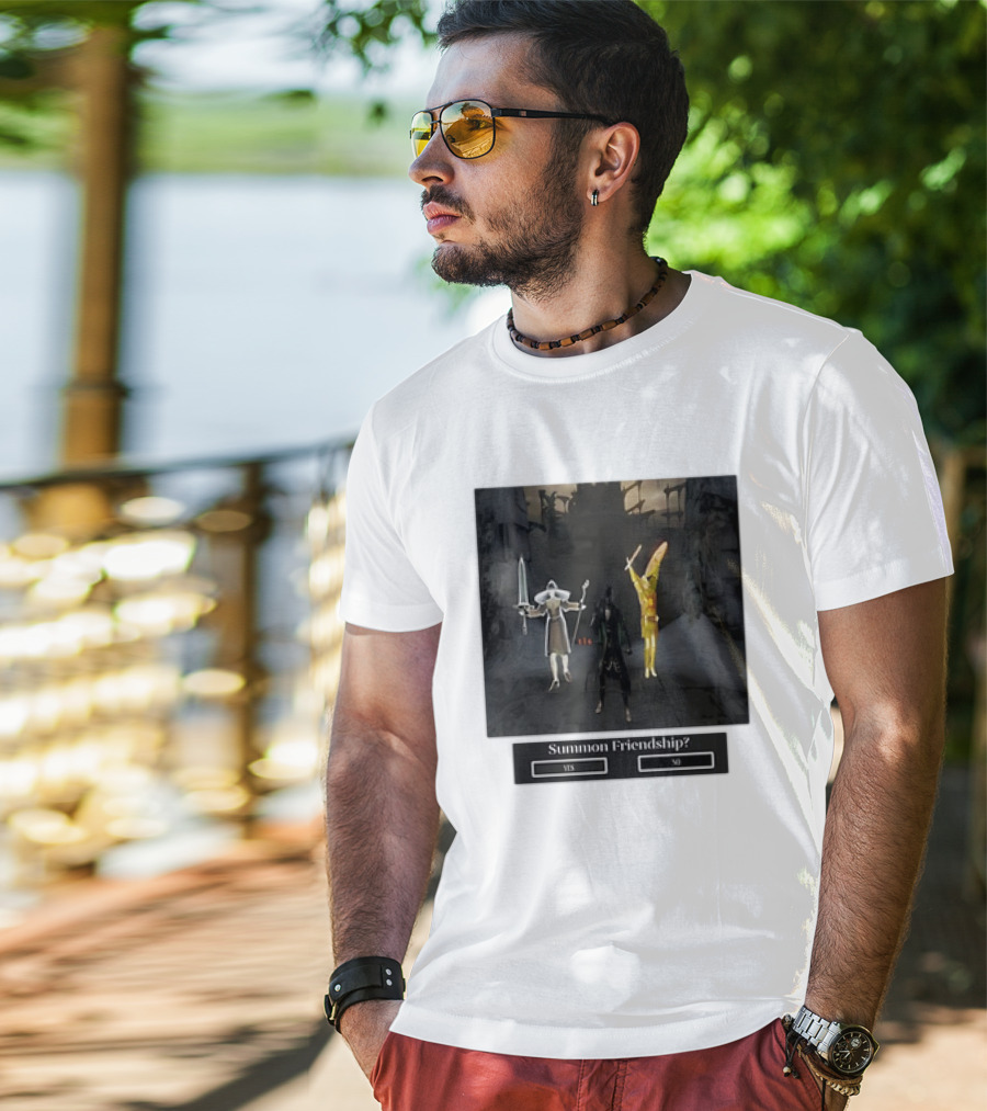 Summon Friendship? Yes No Characters With Swords And Wings T-Shirt