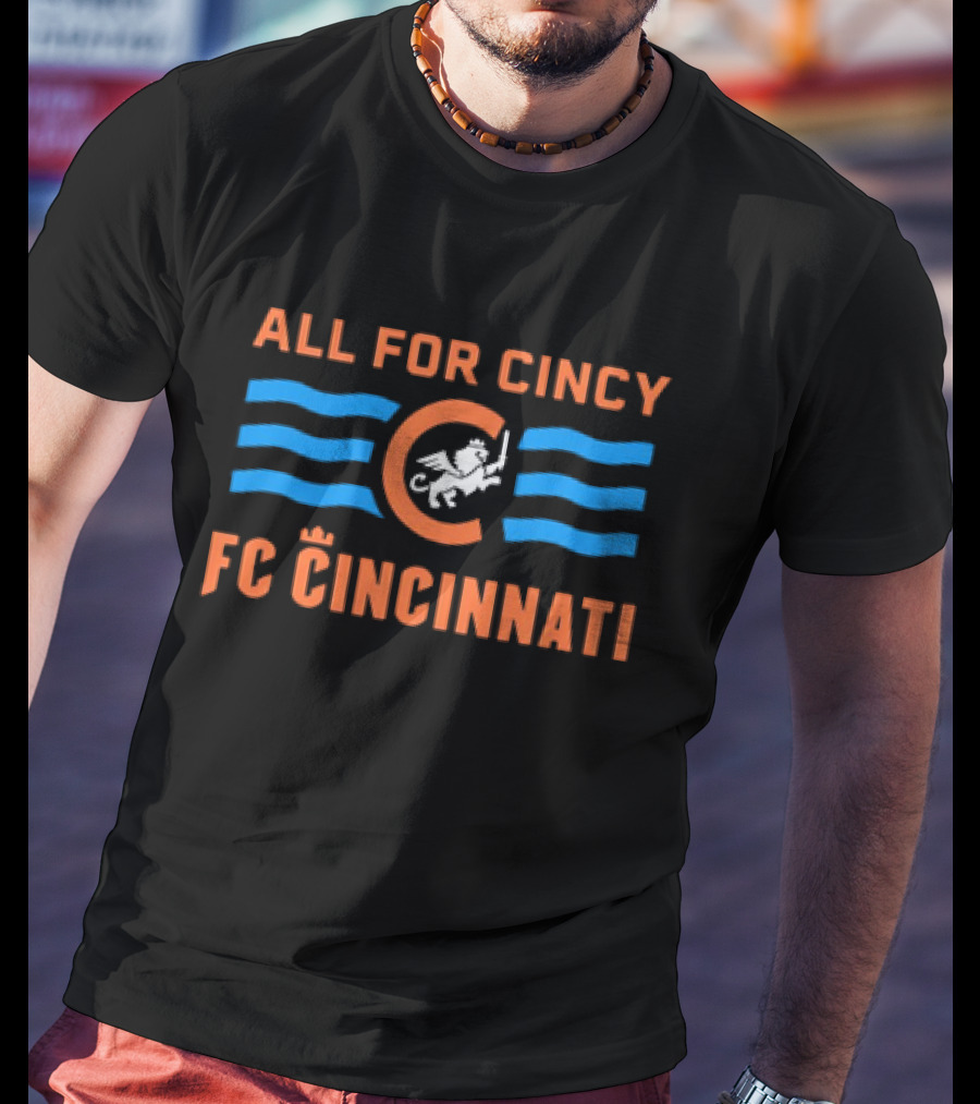 All For Cincy FC Cincinnati Winged Lion Logo With Blue Waves T-Shirt