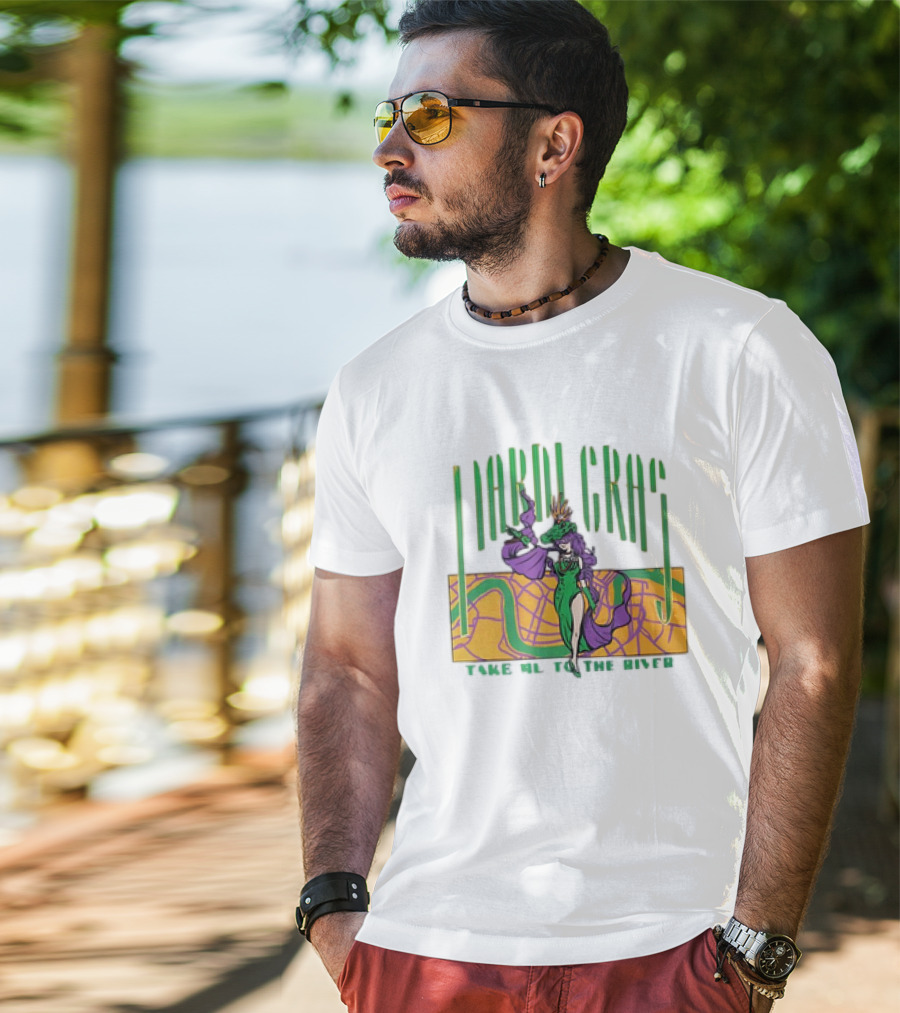 Mardi Gras Masked Dancer Take Me To The River With Map Background T-Shirt