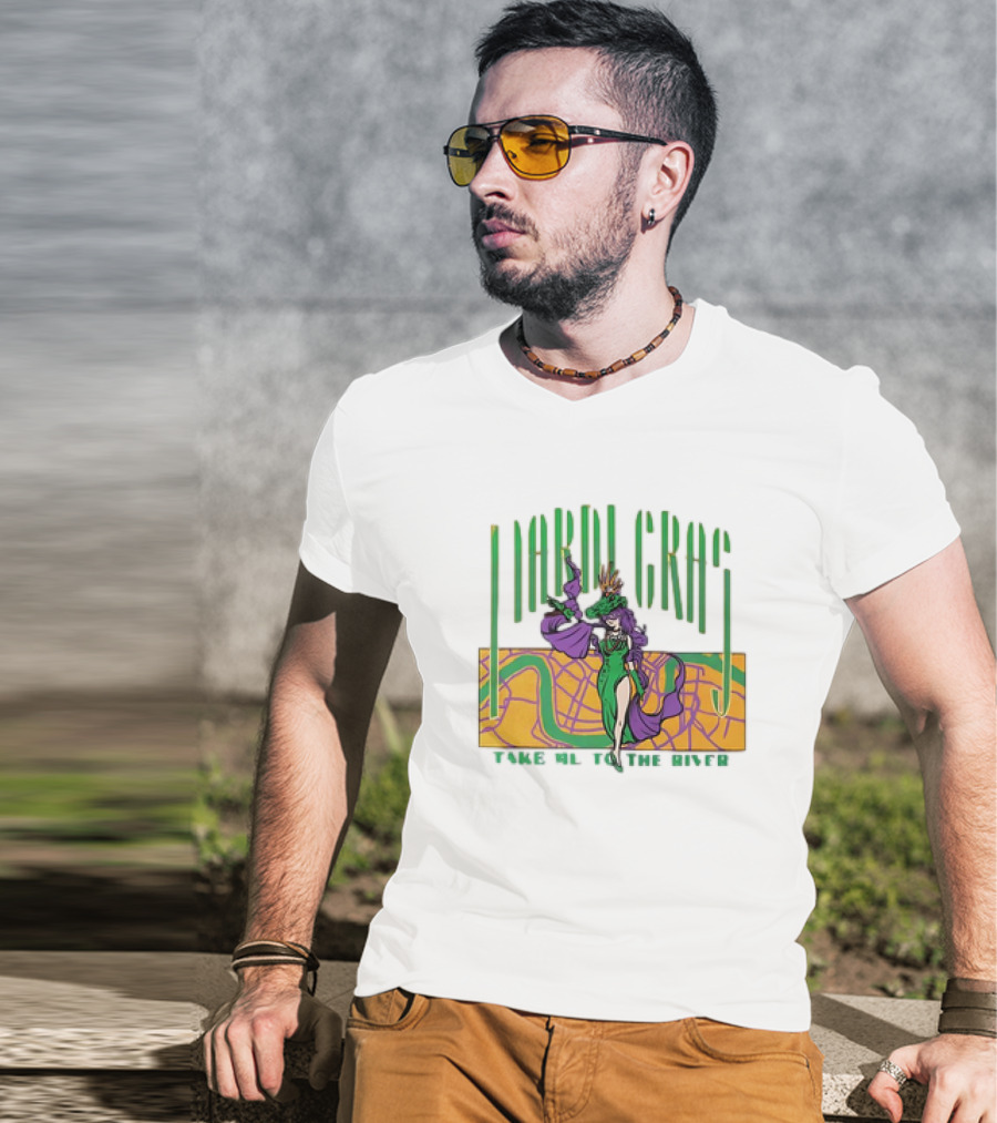 Mardi Gras Masked Dancer Take Me To The River With Map Background T-Shirt
