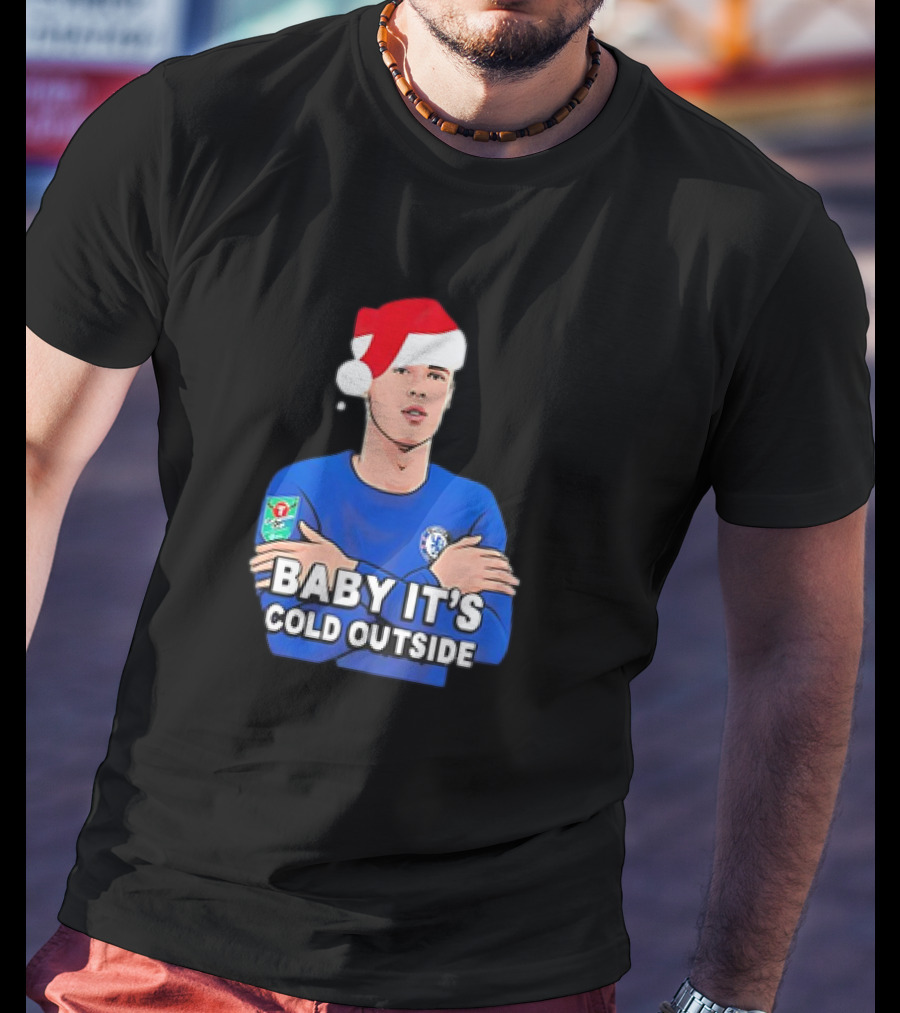 Baby It's Cold Outside Santa Hat Footballer In Blue T-Shirt