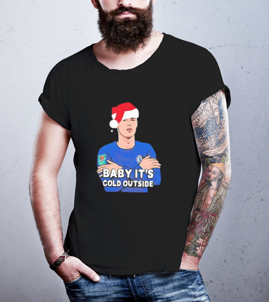 Baby It's Cold Outside Santa Hat Footballer In Blue T-Shirt