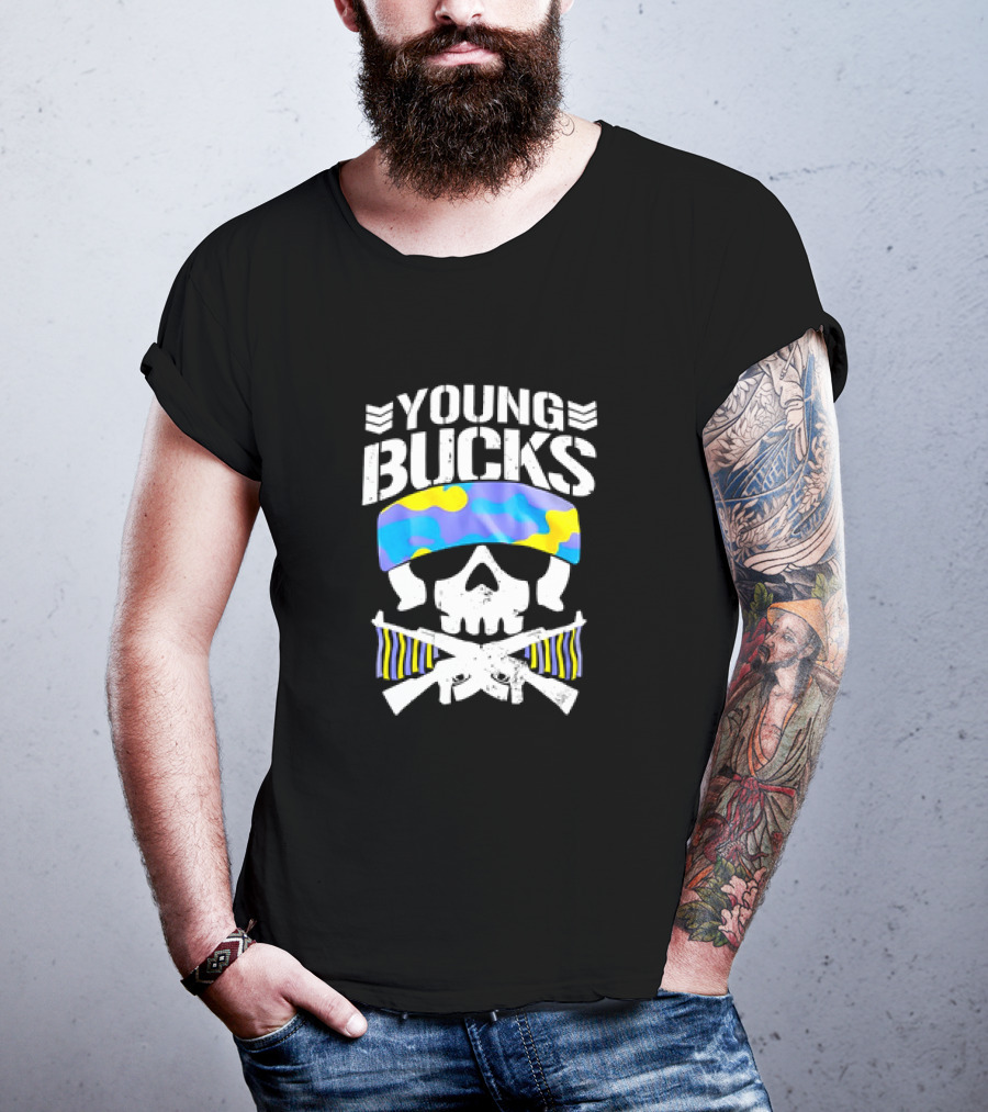 Young Bucks Skull With Camo Headband And Crossed Rifles T-Shirt