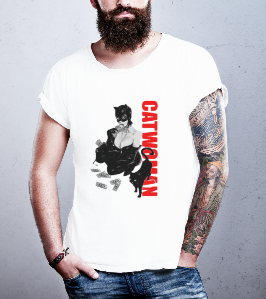 Catwoman Cartoon Noir With Money And Black Cat T-Shirt