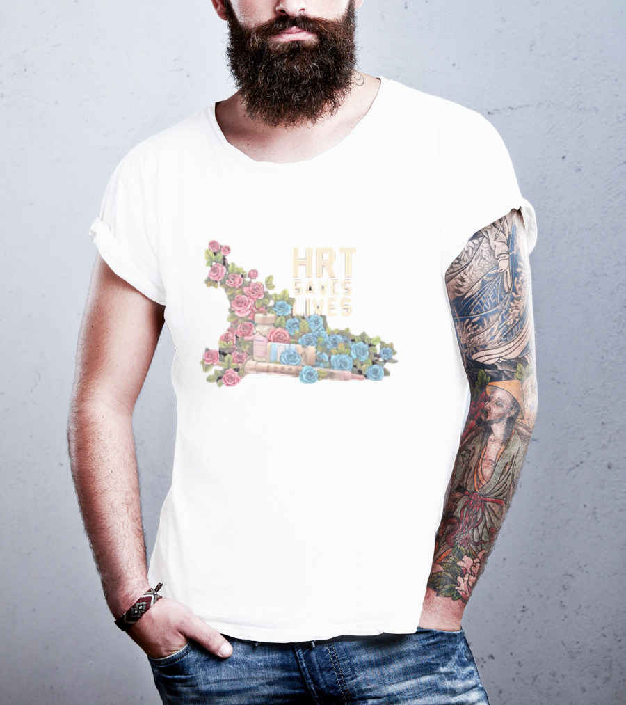 HRT Saves Lives Floral Design With Pink And Blue Roses And Medical Supplies T-Shirt