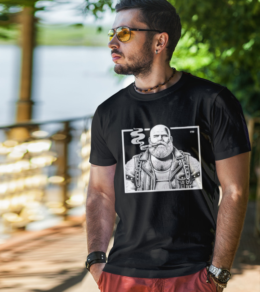 Cigar Daddy Bearded Biker In Leather Jacket T-Shirt
