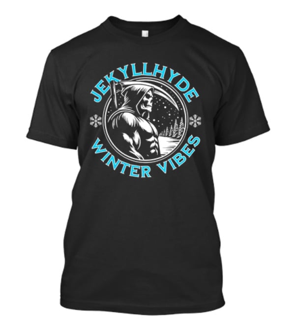 Jekyllhyde Winter Vibes Skeleton Hooded Figure Snowflakes Forest Scene T-Shirt
