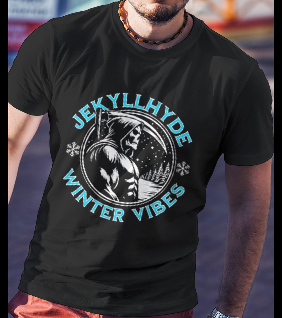 Jekyllhyde Winter Vibes Skeleton Hooded Figure Snowflakes Forest Scene T-Shirt
