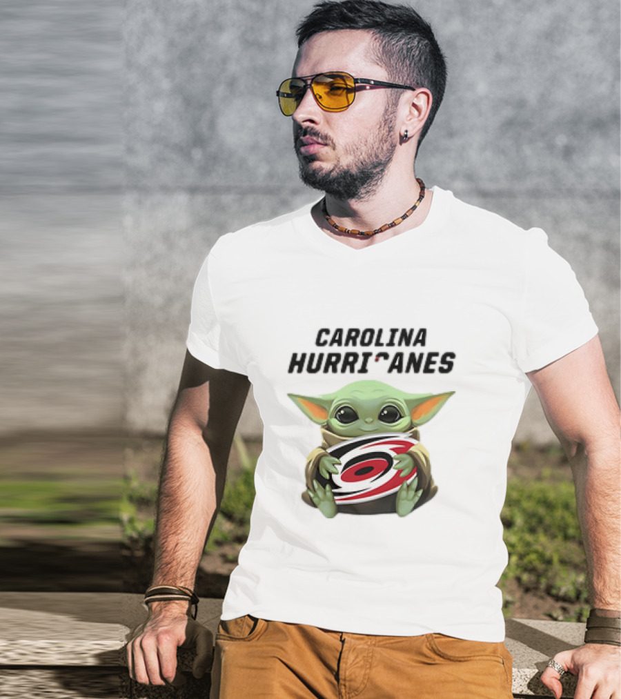 Baby Yoda Hugging Carolina Hurricanes Star Wars Crossover T-Shirt