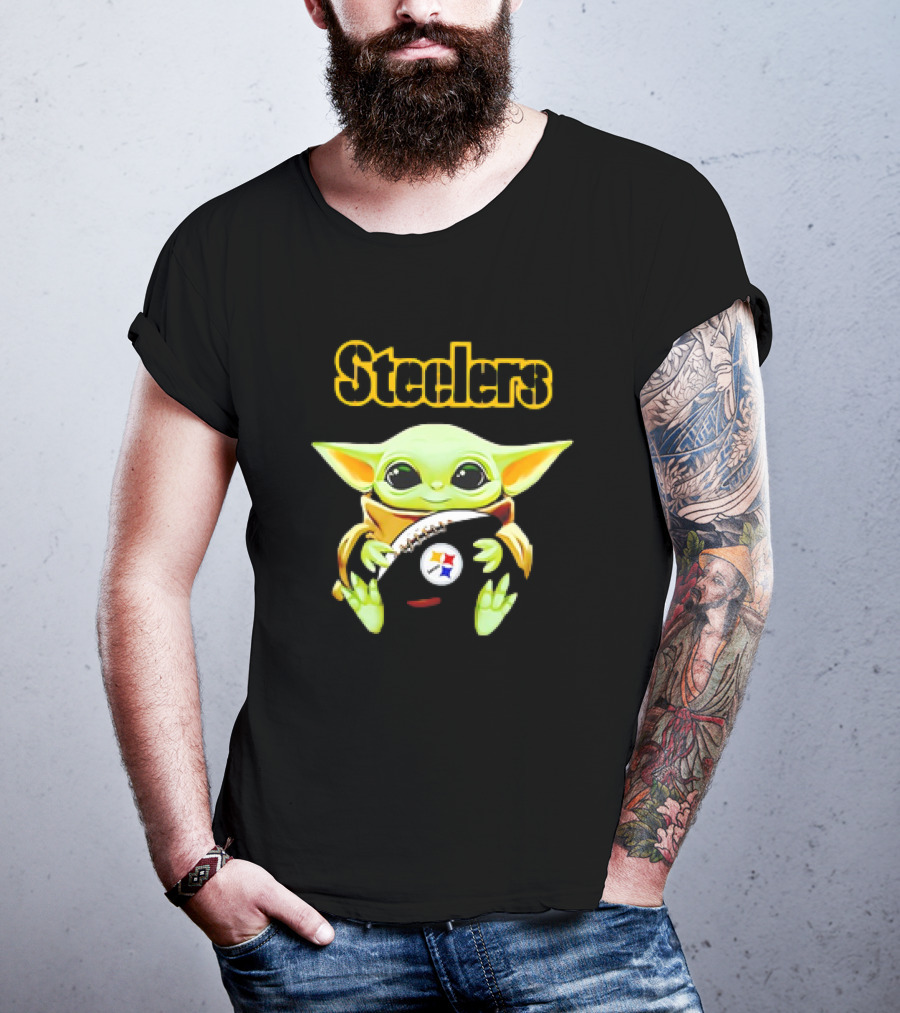 Baby Yoda Hugging Pittsburgh Steelers Football T-Shirt