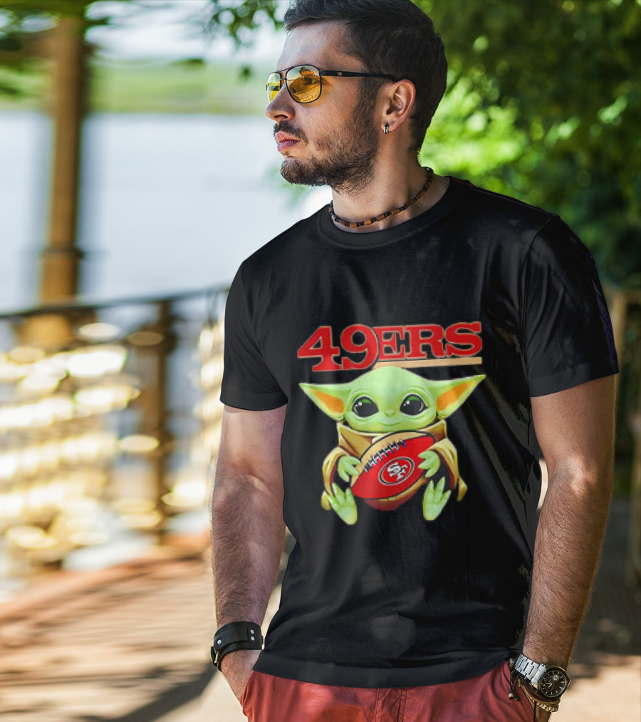 Baby Yoda Star Wars Holding San Francisco 49ers Football T-Shirt