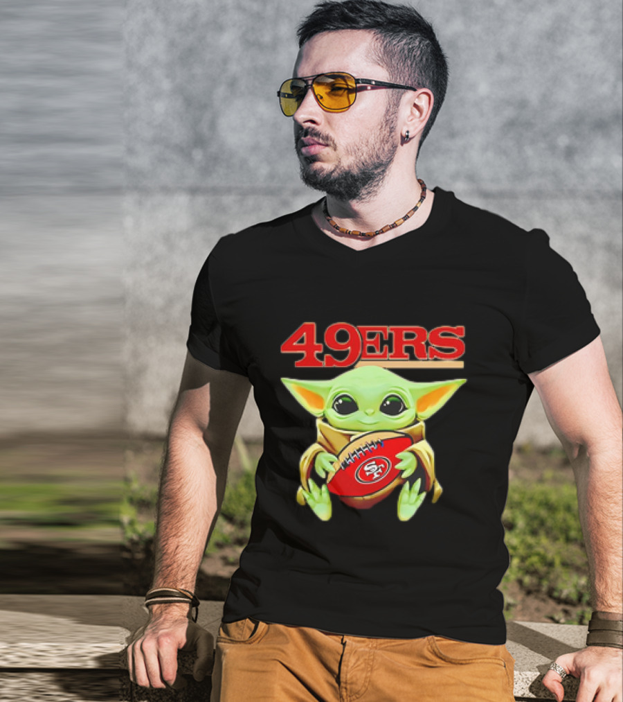 Baby Yoda Star Wars Holding San Francisco 49ers Football T-Shirt