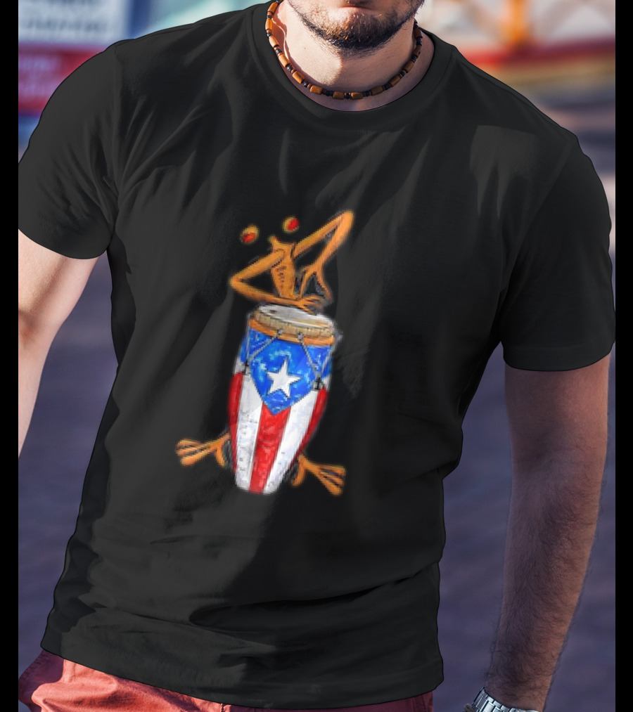 Boricua Puerto Rican Coqui Playing Drum Taino Flag T-Shirt