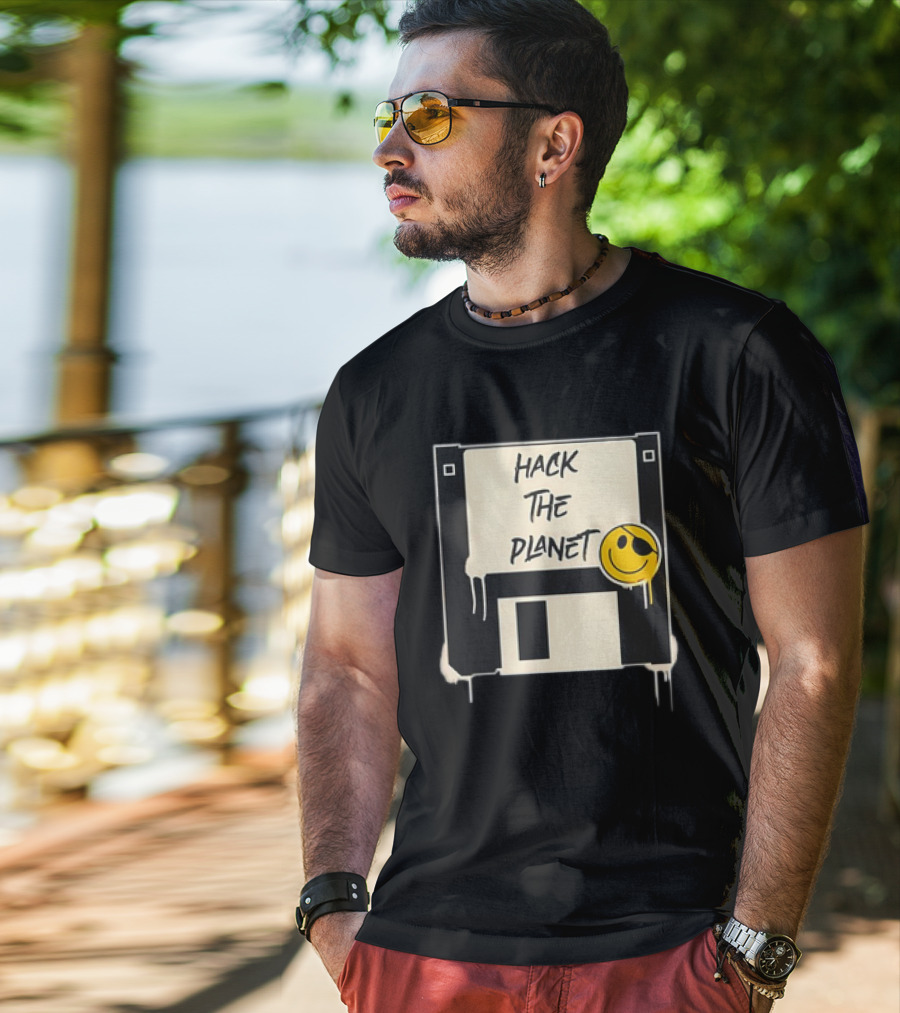 Hack The Planet Floppy Disk Smiley Face T-Shirt