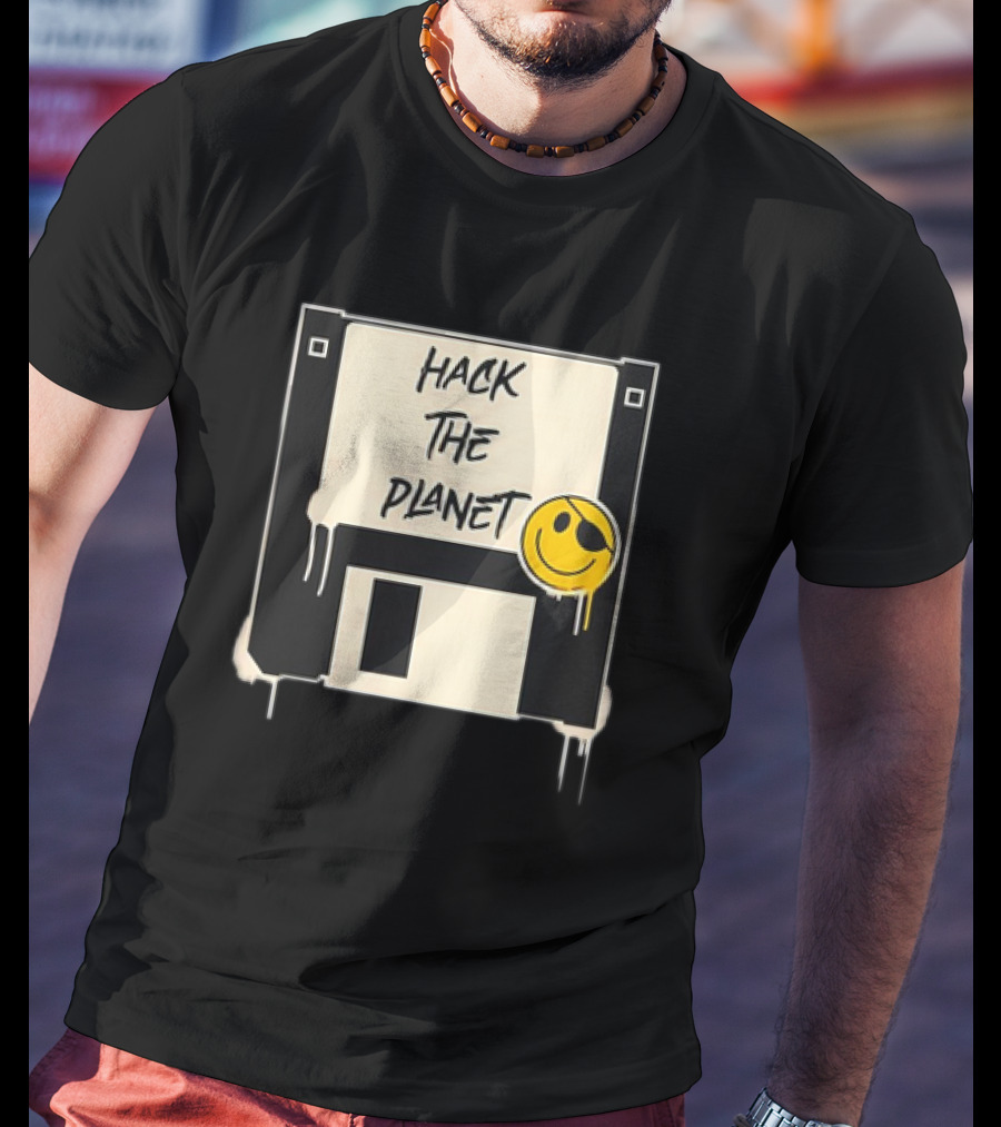 Hack The Planet Floppy Disk Smiley Face T-Shirt